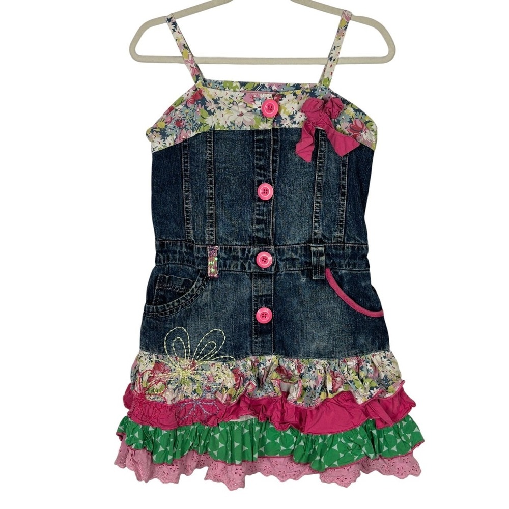 Vtg Beetlejuice London Denim Floral Ruffle Dress Girls Sz 6 Boho Butterfly Y2K